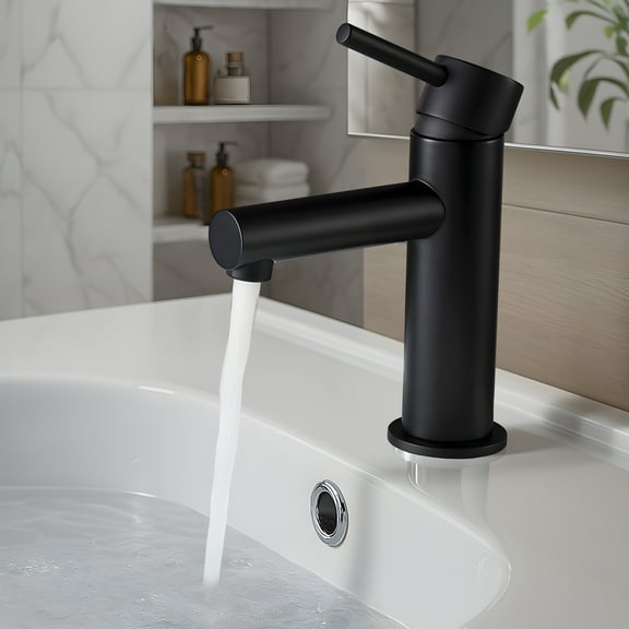 Blossom Matte Black Single Handle Bathroom Faucet – Brass Lavatory Round Sink Fixture with Hose