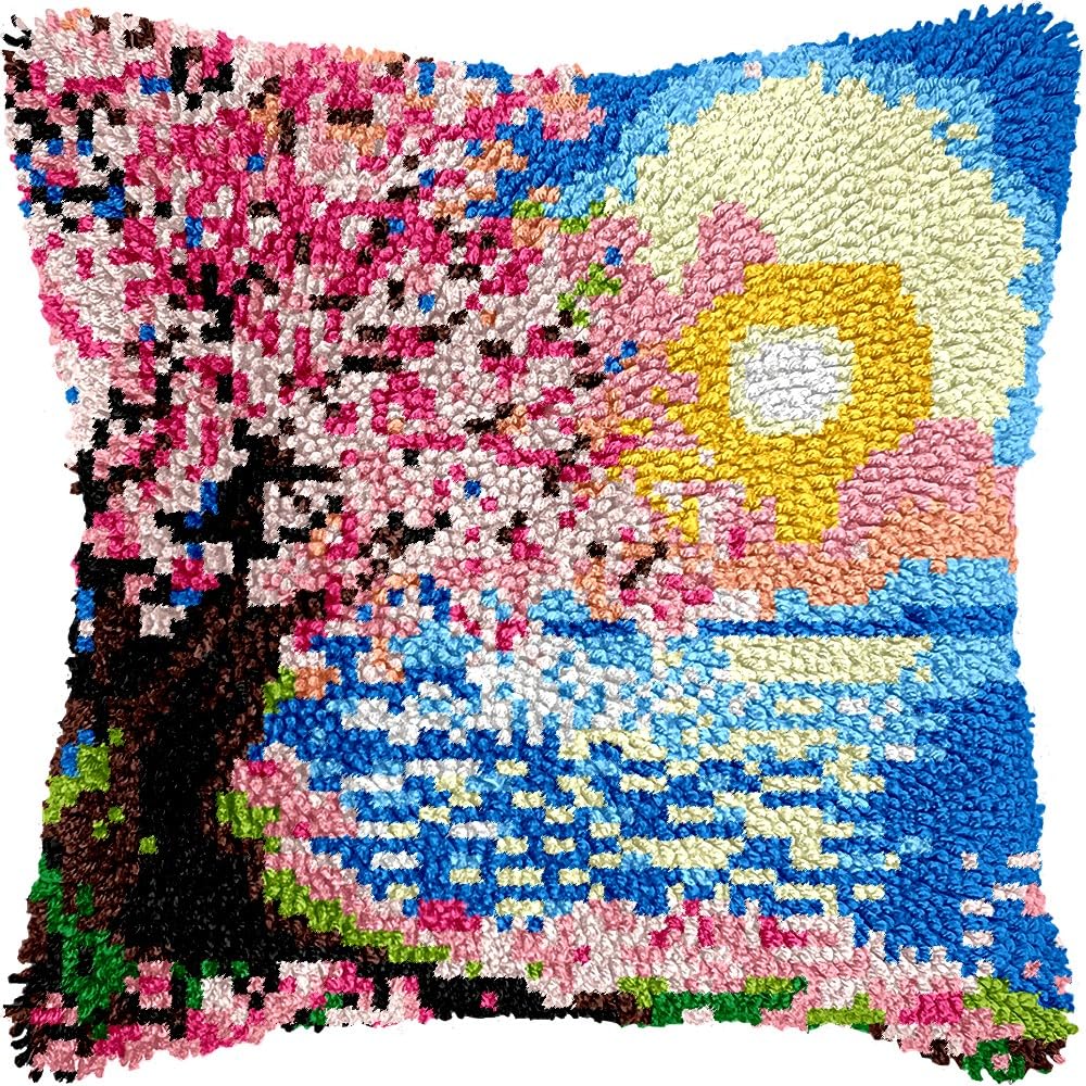 Blossom & Sunset Latch Hook Kits Pillow kits Cushion Throw Pillow Embroidery Craft Kits DIY Kits of DIY Hooking Pillowcase Cover Supplier with Color Printed Canvas 43x43cm (77)