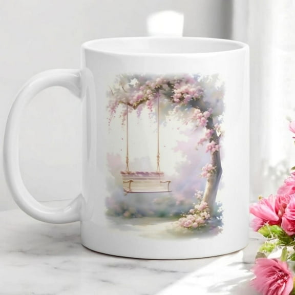 Blossom Swing Mug - Romantic Floral, Pastel Garden Mug with Swing Under Blooming Tree, Vintage Floral Swing Mug cup, Ceramic Mug 15Oz