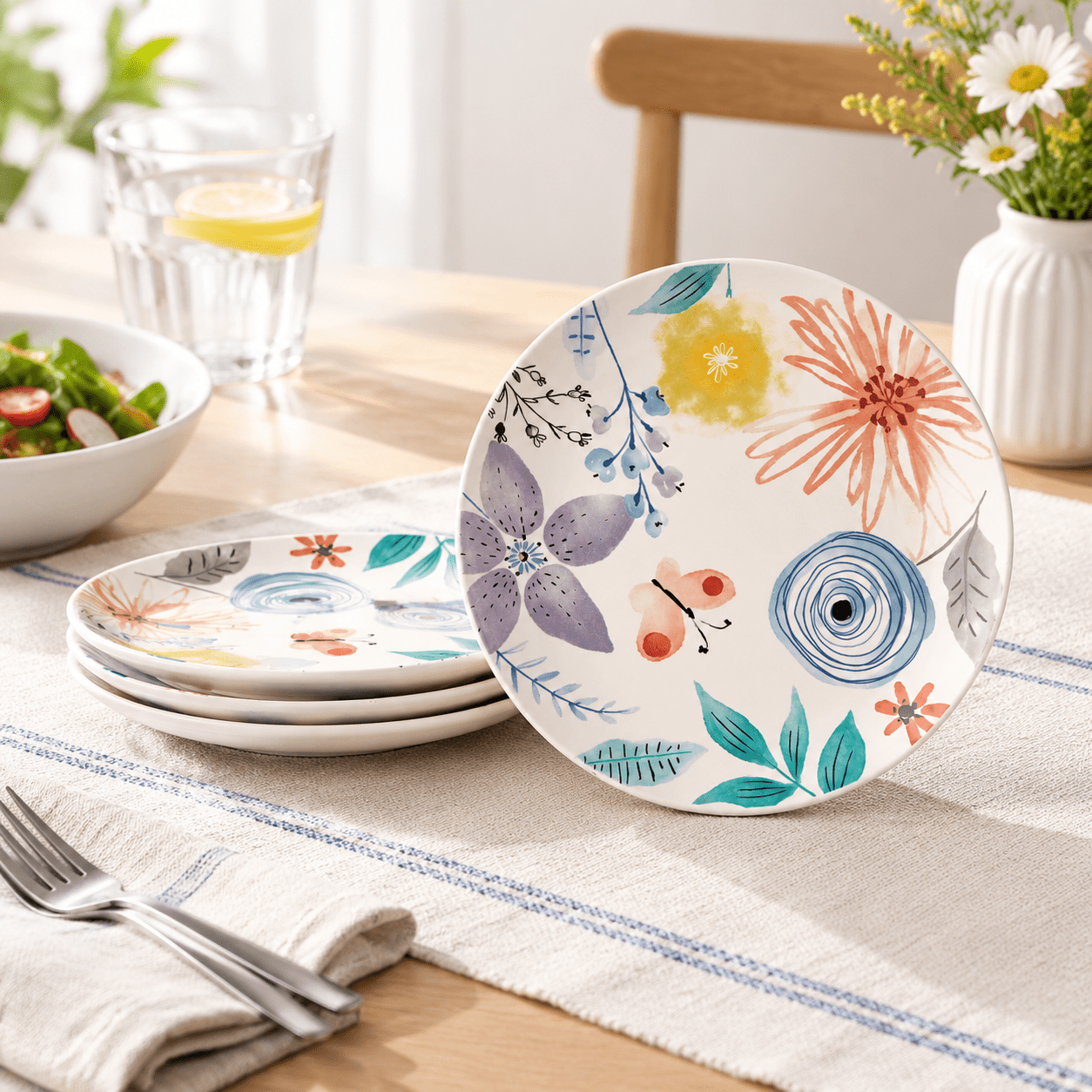 Side Salid Blossom Symphony 8.75 Inch Ceramic Salad Plates Set of 4 for Appetizer ...