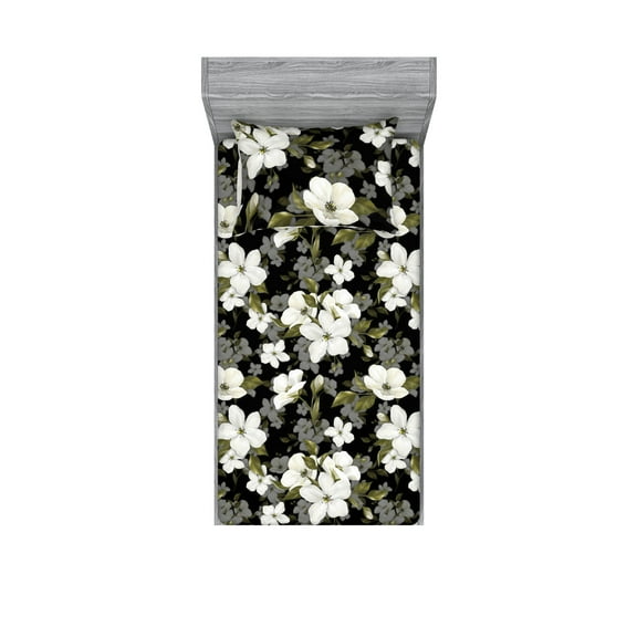 Blossom Theme Fitted Sheet & Pillow Sham Set, Springtime Vibes Flowers Vintage and Leaves Greenery Asian Print, Decorative Printed 2 Piece Bedding Decor, Twin, White Pale Olive Green, by Ambesonne