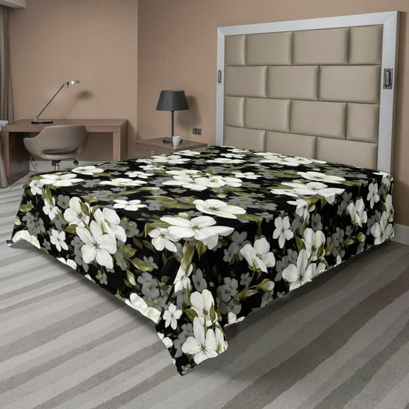 Blossom Theme Flat Sheet, Springtime Vibes Flowers Vintage and Leaves Greenery Asian Print, Soft & Comfy Top Sheet Decorative Bedding 1 Piece, California King, White Pale Olive Green, by Ambesonne