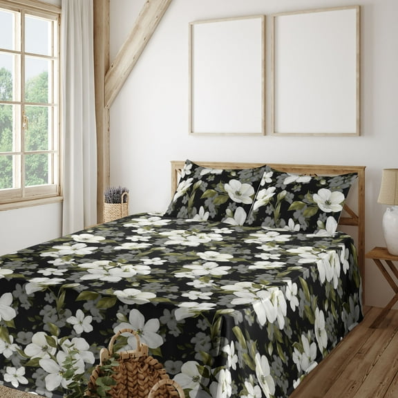 Ambesonne Blossom Theme Fitted & Flat Sheet with Shams 4 Pcs Set, Spring Flowers Leaves, King, White Pale Olive Green