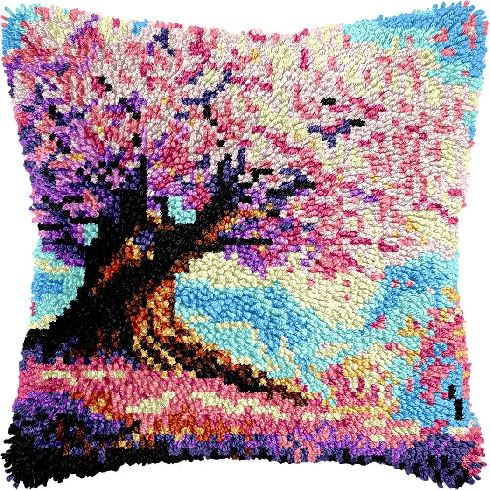 Blossom Tree Latch Hook Pillow Kits Pillow Cover Latch Hook Crafts Crochet Knitted Hooking Pillowcase Cushion Crafts Embroidery Latch Hooking Kits Material Set 17x17 inch(164)