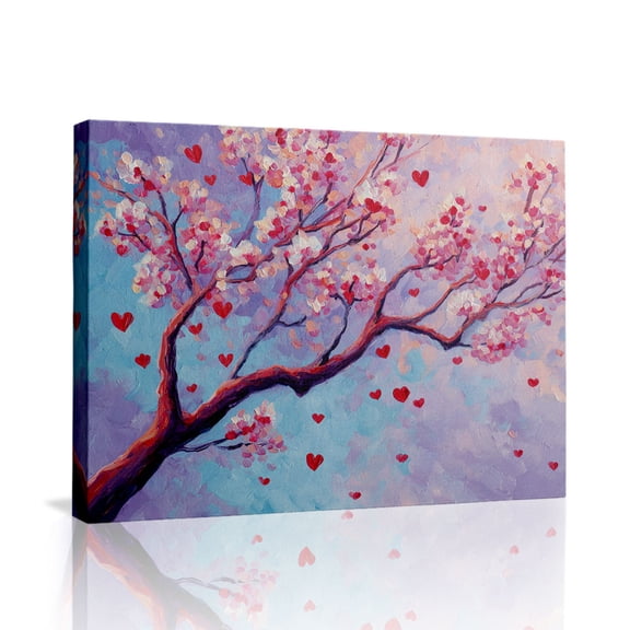 Blossom Tree with Floating Hearts Canvas Wall Art (Romantic Whimsy Tone) Ready to Hang for Bedroom