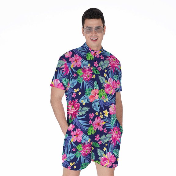 Blossom Tropical Flower Pattern Short Sleeve Men'S Rompers, Aloha Tropical Hawaiian Casual Summer Jumpsuits Outfit
