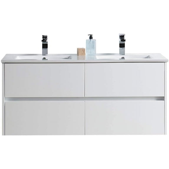 Blossom Valencia 48″ Floating Vanity | Glossy White | Double Ceramic Sinks | Wall Mount | 4 Soft-Close Drawers