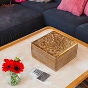 MELA ARTISANS Blossom Wooden Box, Natural Distressed Gold Decorative Box with Felt Pads Underneath & Wooden Carving, Unique Handmade Mangowood Keepsake Storage Box for Home, 7.5” x 7.5” x 3.5”