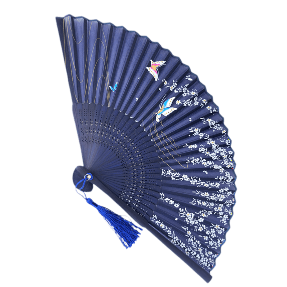 Blossom and Butterfly Blue and Pink Fan with Tassel
