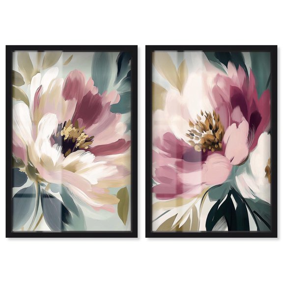 Blossom in Light 2 Panel Set Shadowbox Print Floral Wall Decor by Art Remedy, Black Frame, 24 x 36