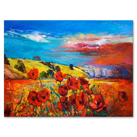 Blossomg Red Poppies Under A Blue Sky 12 in x 8 in Painting Canvas Art Print, by Designart