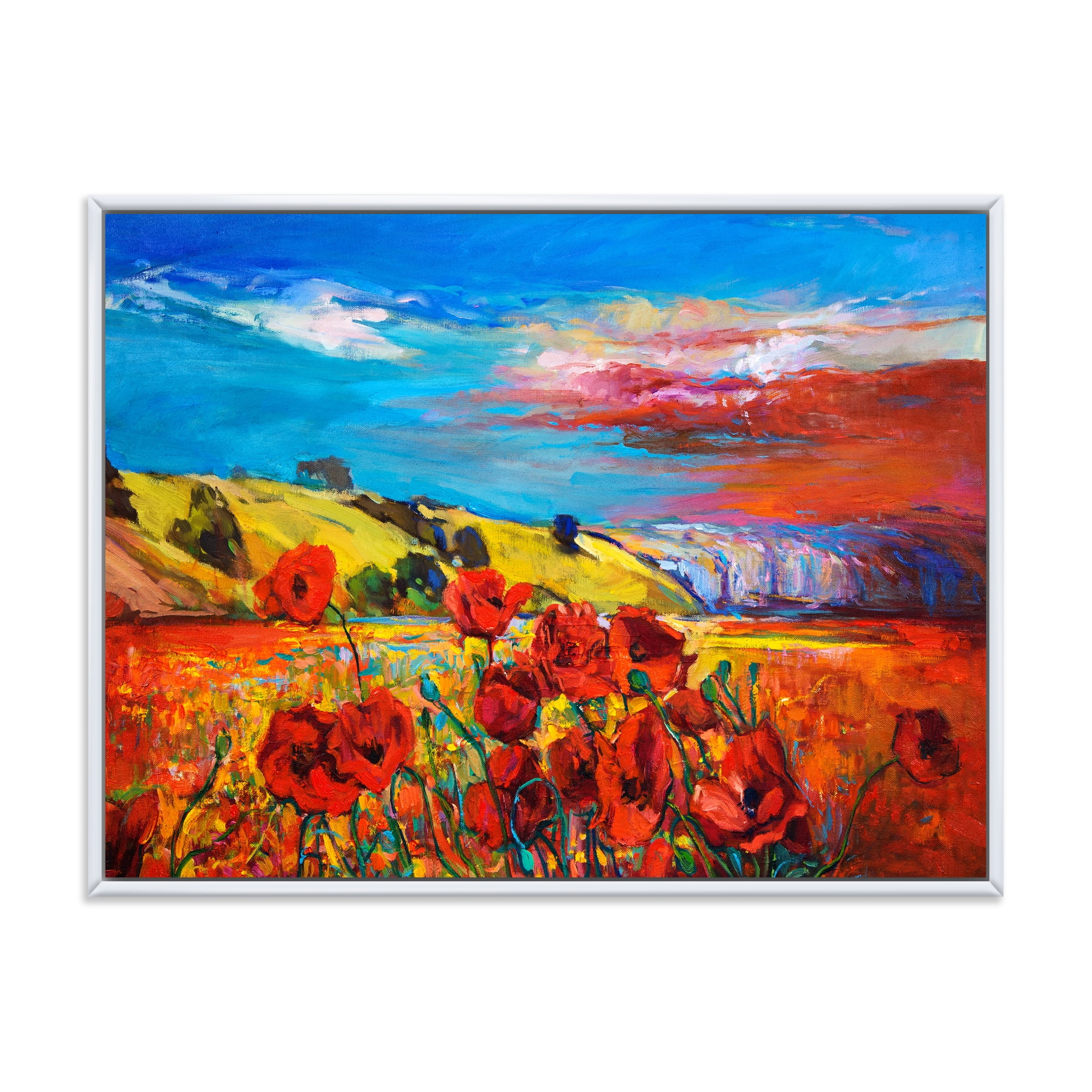 Blossomg Red Poppies Under A Blue Sky 20 in x 12 in Framed Painting Canvas Art Print, by Designart