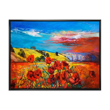 Blossomg Red Poppies Under A Blue Sky 20 in x 12 in Framed Painting Canvas Art Print, by Designart