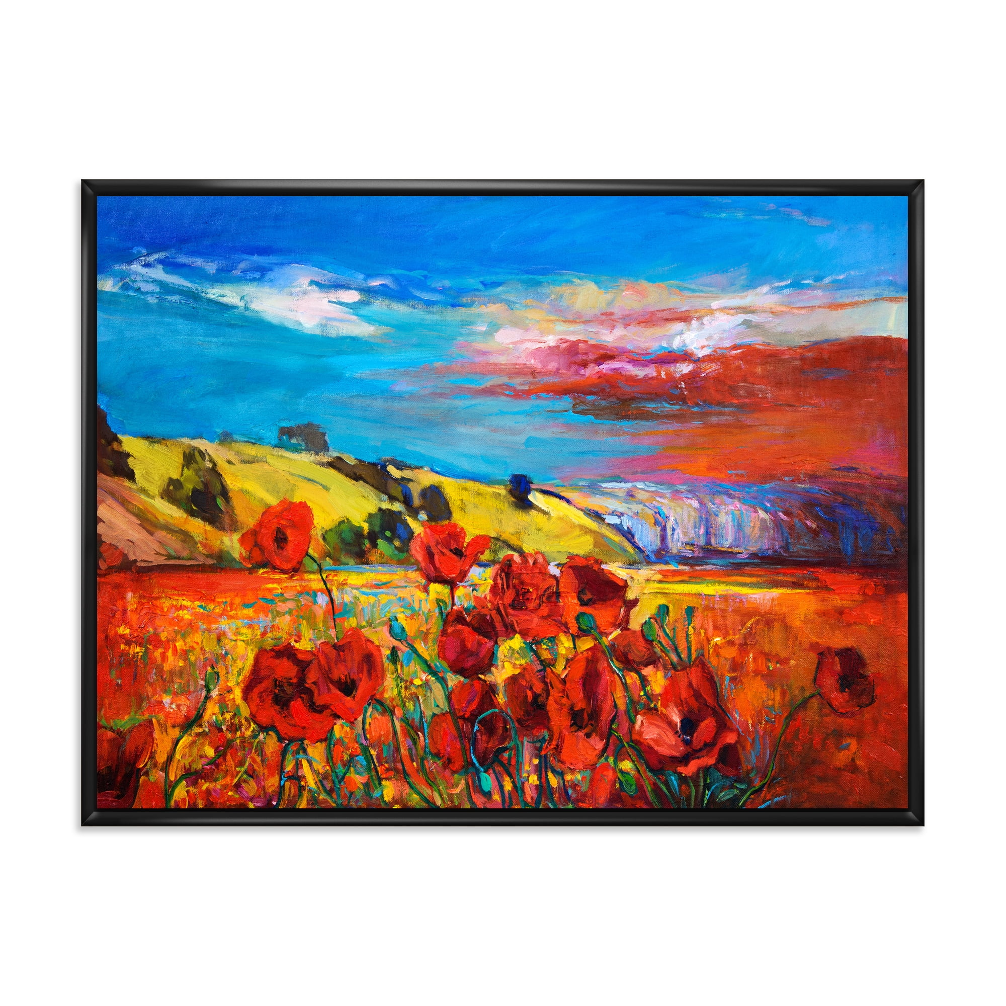 Blossomg Red Poppies Under A Blue Sky 40 in x 30 in Framed Painting Canvas Art Print, by Designart