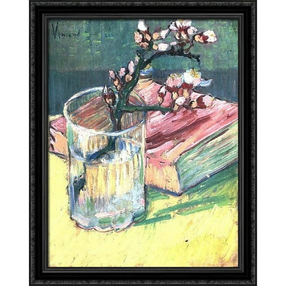 Blossoming Almond Branch in a Glass with a Book 28x34 Large Black Ornate Wood Framed Canvas Art by Vincent van Gogh