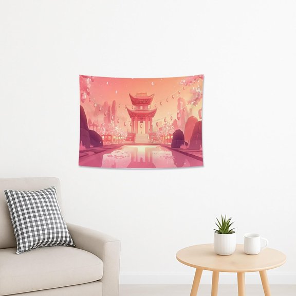 Blossoming Cherries Blossom Tapestry, Peach Sunset Oriental Wall Hanging, Spring Festival Aesthetic for Bedroom, Living Room, Yoga Decor 40x30 Inch