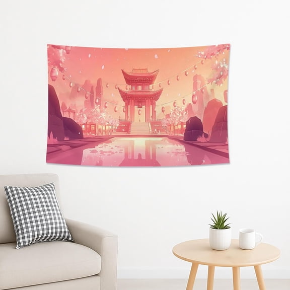 Blossoming Cherries Blossom Tapestry, Peach Sunset Oriental Wall Hanging, Spring Festival Aesthetic for Bedroom, Living Room, Yoga Decor 60x40 Inch