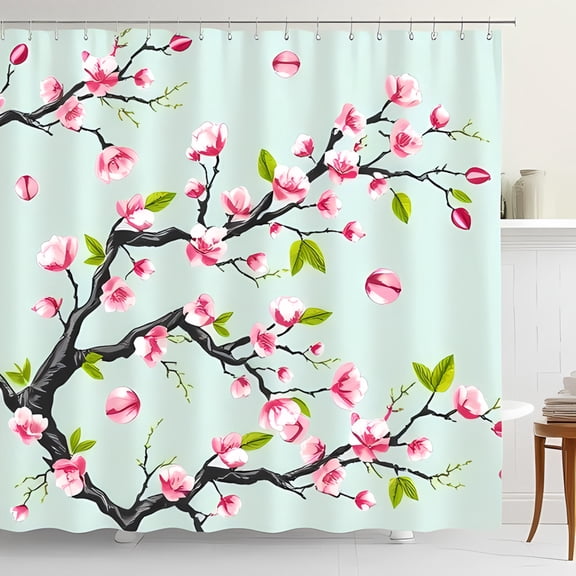 Blossoming Cherry Tree Shower Curtain Elegant Pastel Green Design with Pink & White Flowers Tranquil Bathroom Decor