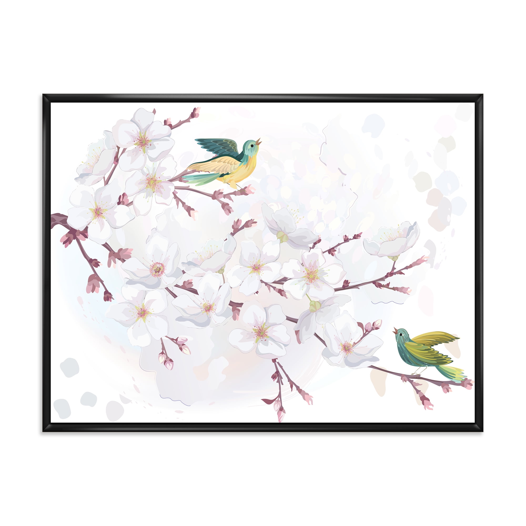 Blossoming Cherry Tree and Birds 20" x 12" Framed Painting Canvas Art Print, by Designart