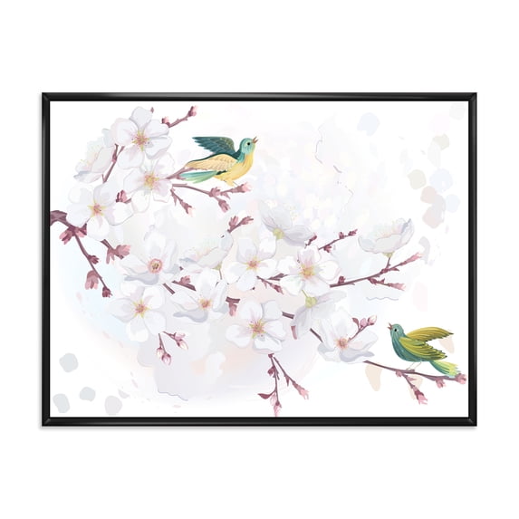 Blossoming Cherry Tree and Birds 32" x 24" Framed Painting Canvas Art Print, by Designart