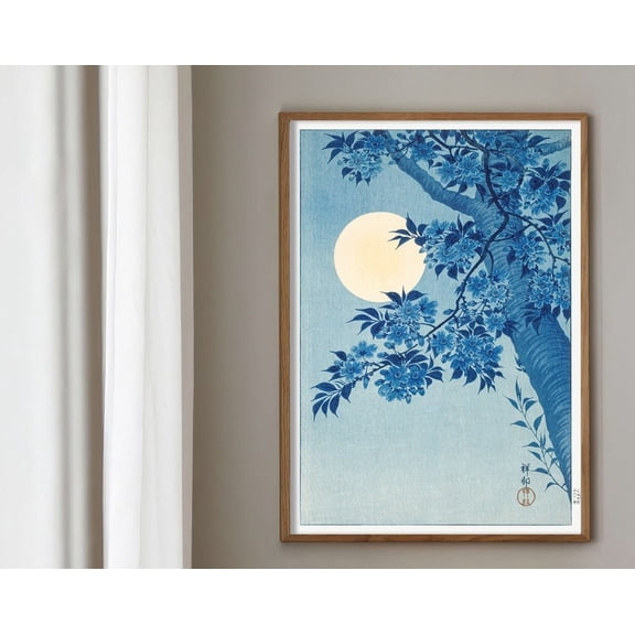 Blossoming Cherry on a Moonlit Night by Ohara Koson, Vintage Poster, Blue Vintage Print, Vintage Japanese Art, Antique Drawing Art, 12x18 UNFRAMED