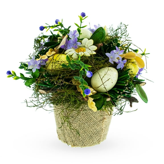 Easter Egg & Floral Arrangement Rustic Spring Tabletop Decor in Burlap Pot 6.4 Inches Tall