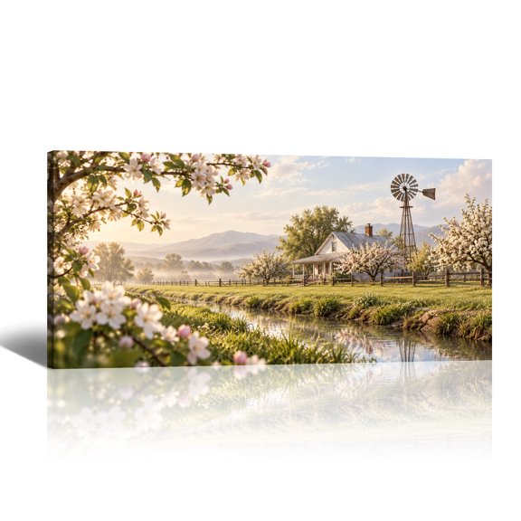 Blossoming Farm Windmill Canvas Wall Art Spring Creek House Prints, Classic Rural Homestead Farm Life Artwork Paintings for Living Room Bedroom Home Wall Decor