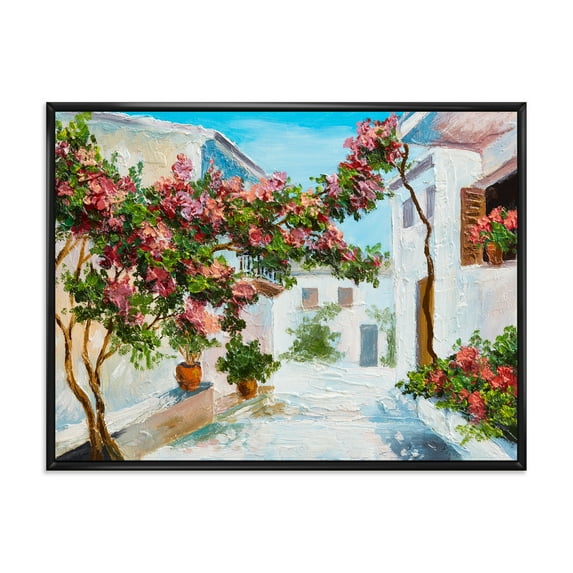 Blossoming Flowers With White House Near The Sea 32 in x 24 in Framed Painting Canvas Art Print, by Designart