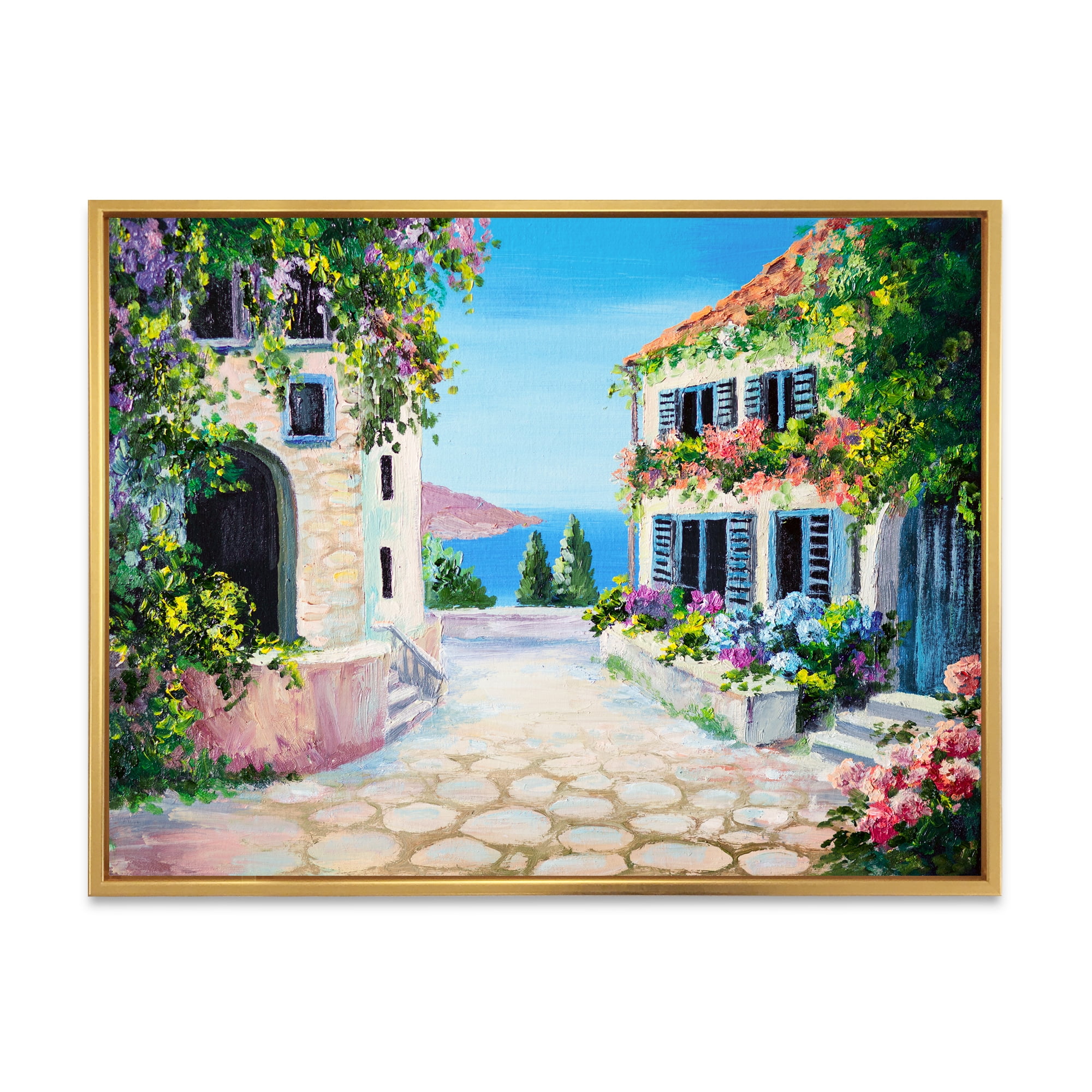 Blossoming Flowers With White Houses With Near The Sea 20 in x 12 in Framed Painting Canvas Art Print, by Designart