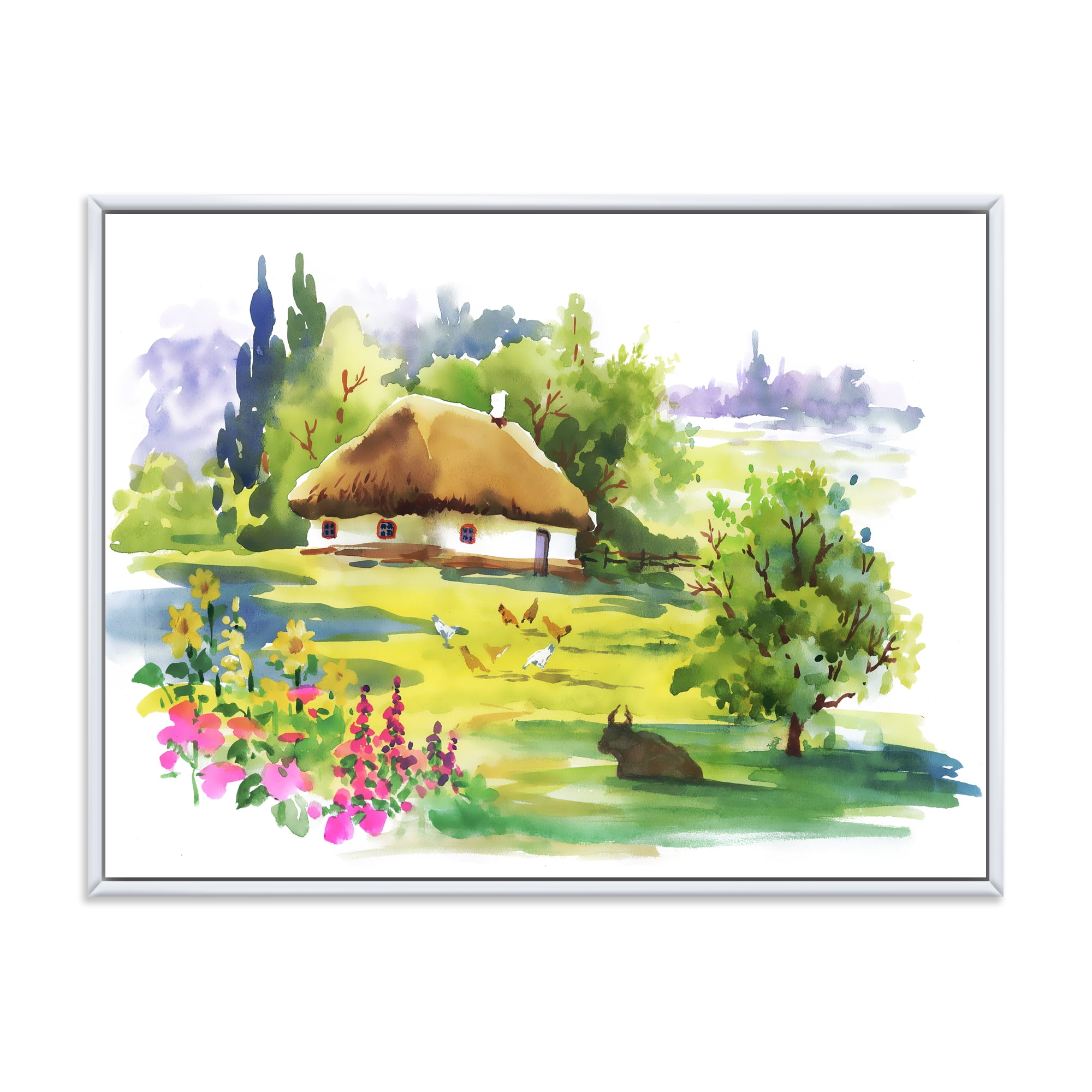 Blossoming Greenlands And A Rural House 32 in x 24 in Framed Painting Canvas Art Print, by Designart