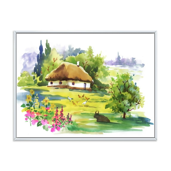 Blossoming Greenlands And A Rural House 32 in x 24 in Framed Painting Canvas Art Print, by Designart