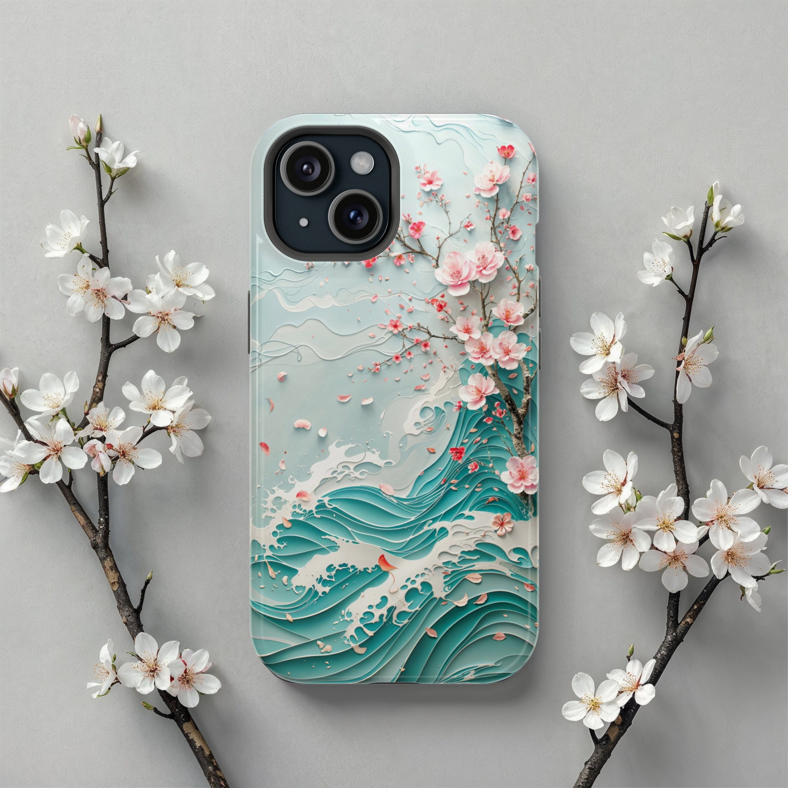 Blossoming Ocean Wave Phone Case Sakura Tide Art for iPhone 17 16 15 14 ...