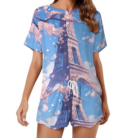 Blossoming Paris Eiffel Tower 2 Pack Women’s Pajama Set Print Sleepwear And Shorts Y2k Loungewear Sets S-5XL