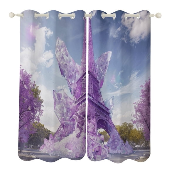 Blossoming Paris Eiffel Tower 2 Panel Curtain Set, Watercolor Painting Window Treatment Living Room Bedroom Decor