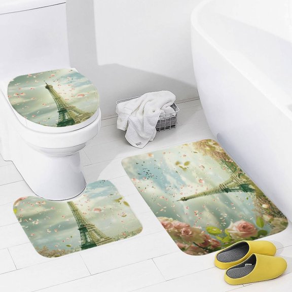Blossoming Paris Eiffel Tower 3 Piece Bath Rugs Mat Set, Flannel Mats, Machine Washable Carpets Mat for Bathroom Kitchen, Tub Toilet Contour Mat Lid Cover