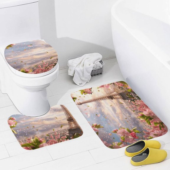Blossoming Paris Eiffel Tower 3 Piece Bath Rugs Mat Set, Flannel Mats, Machine Washable Carpets Mat for Bathroom Kitchen, Tub Toilet Contour Mat Lid Cover