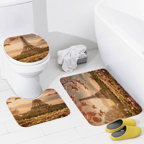 Blossoming Paris Eiffel Tower 3 Piece Bath Rugs Mat Set, Flannel Mats, Machine Washable Carpets Mat for Bathroom Kitchen, Tub Toilet Contour Mat Lid Cover