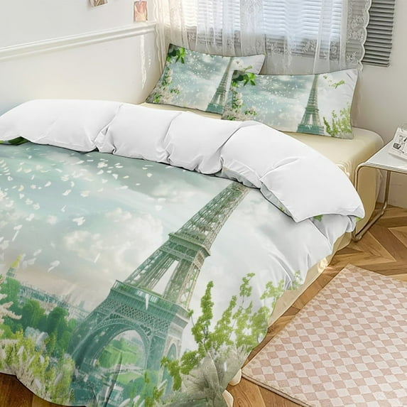 Blossoming Paris Eiffel Tower 3 Pieces Duvet Cover with Zipper Closure,Premium Polyester Lightweight Bedding Set