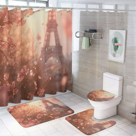 Blossoming Paris Eiffel Tower 4 Piece Shower Curtain Sets, Non-Slip Rugs, Toilet Lid Cover And Bath Mat, for Bathroom Decor Set, 72" X 72"