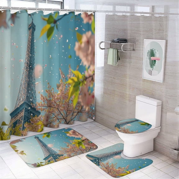 Blossoming Paris Eiffel Tower 4 Piece Shower Curtain Sets, Non-Slip Rugs, Toilet Lid Cover And Bath Mat, for Bathroom Decor Set, 72" X 72"