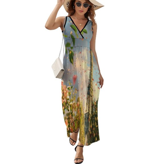 Blossoming Paris Eiffel Tower Art Sleeveless Dress Women's Summer Suit Dresses for Women 2025 Luxury Party Dress