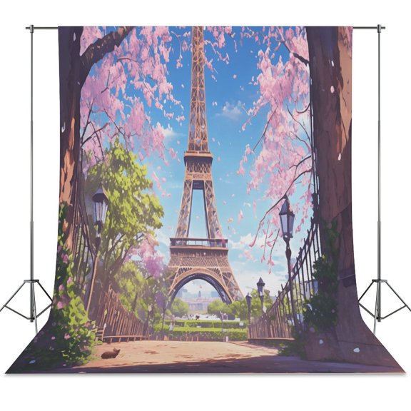 Blossoming Paris Eiffel Tower Backdrop Background for Photography Photo Booth Backdrop for Photoshoot Background Screen Video Recording Parties Curtain