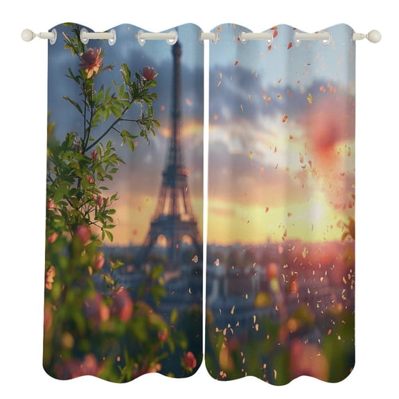 Blossoming Paris Eiffel Tower Curtains Aesthetic Envrionmental Friendly Picture, Living Room Bedroom Window Drapes 2 Panel Set
