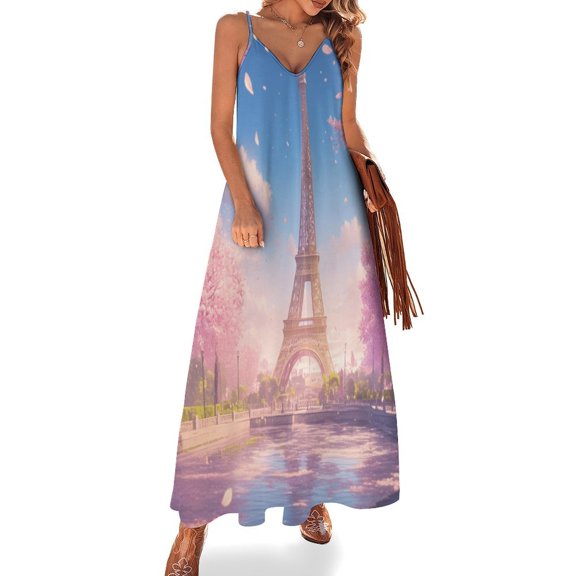 Blossoming Paris Eiffel Tower Design Sleeveless Dress Woman Fashion Long Dresses Women's Summer Suit Dress 2025
