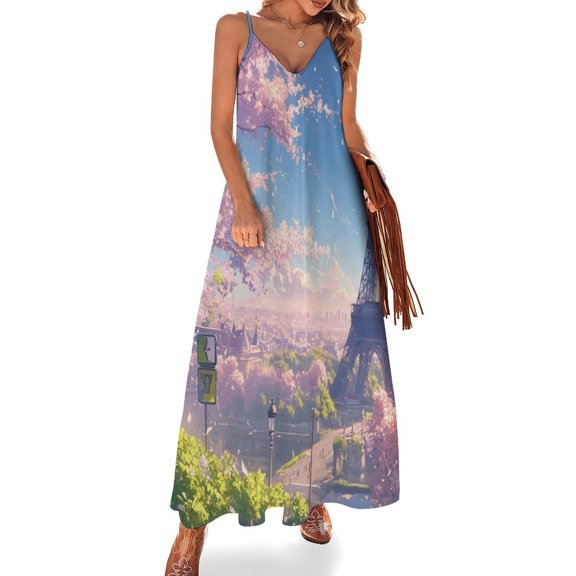 Blossoming Paris Eiffel Tower Design Sleeveless Dress Woman Fashion Long Dresses Women's Summer Suit Dress 2025