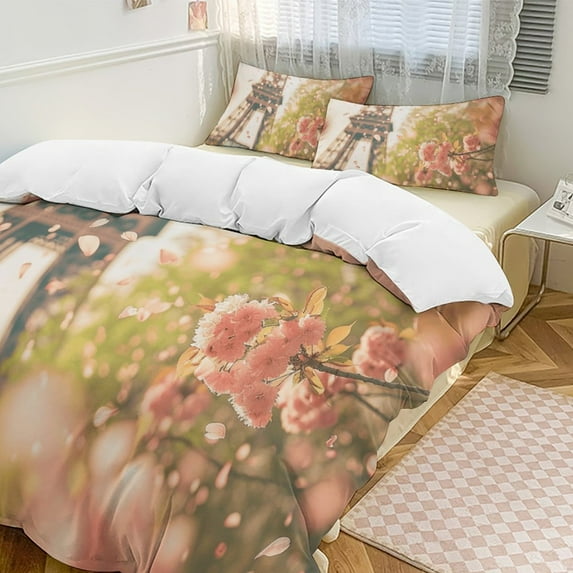 Blossoming Paris Eiffel Tower Duvet Cover Set King Size for Bedroom Decoration Print Bedding Set Comforter Cover Decorative Microfiber with 2 Pillow Sham Multicolor