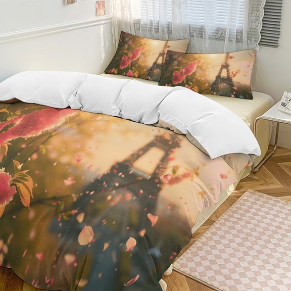 Blossoming Paris Eiffel Tower Duvet Cover Set King Size for Bedroom Decoration Print Bedding Set Comforter Cover Decorative Microfiber with 2 Pillow Sham Multicolor