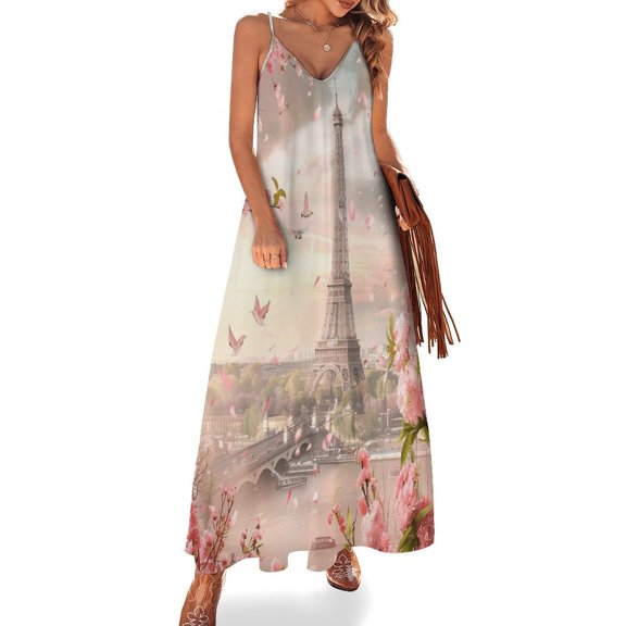 Blossoming Paris Eiffel Tower Fine Art Sleeveless Dress Summer Dress Woman 2025