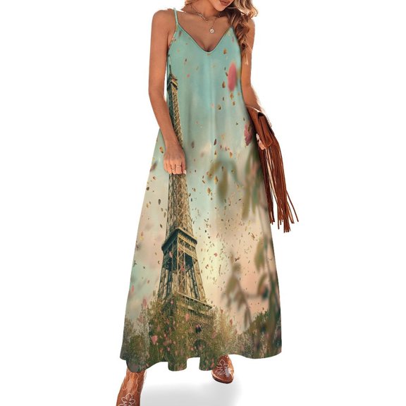 Blossoming Paris Eiffel Tower Fine Art Sleeveless Dress Summer Dress Woman 2025