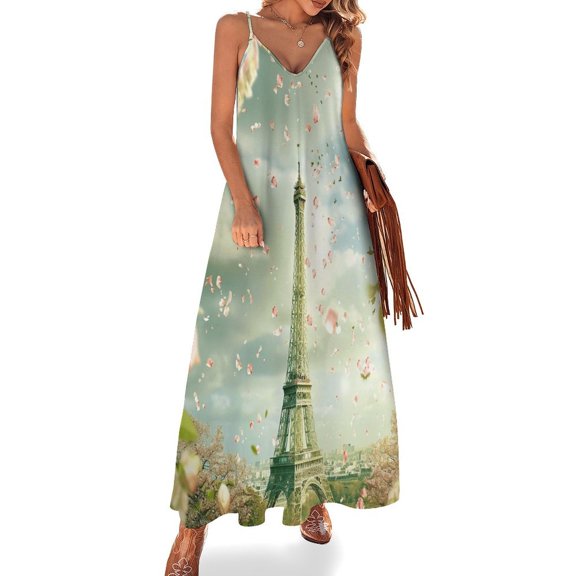 Blossoming Paris Eiffel Tower Fine Art Sleeveless Dress Summer Dress Woman 2025